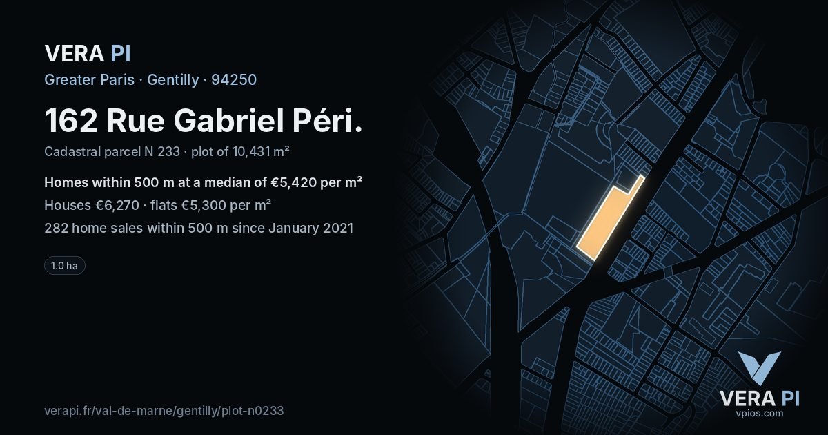 162 Rue Gabriel Péri, Gentilly at night – the plot lit, the parcels around coloured by the prices near them