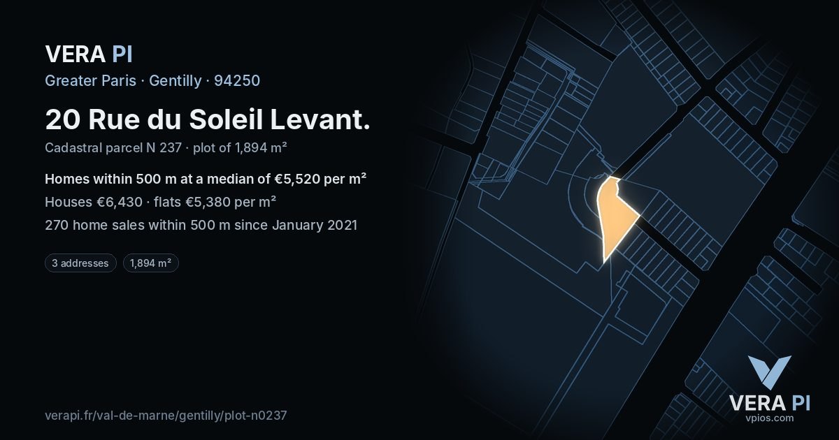 20 Rue du Soleil Levant, Gentilly at night – the plot lit, the parcels around coloured by the prices near them