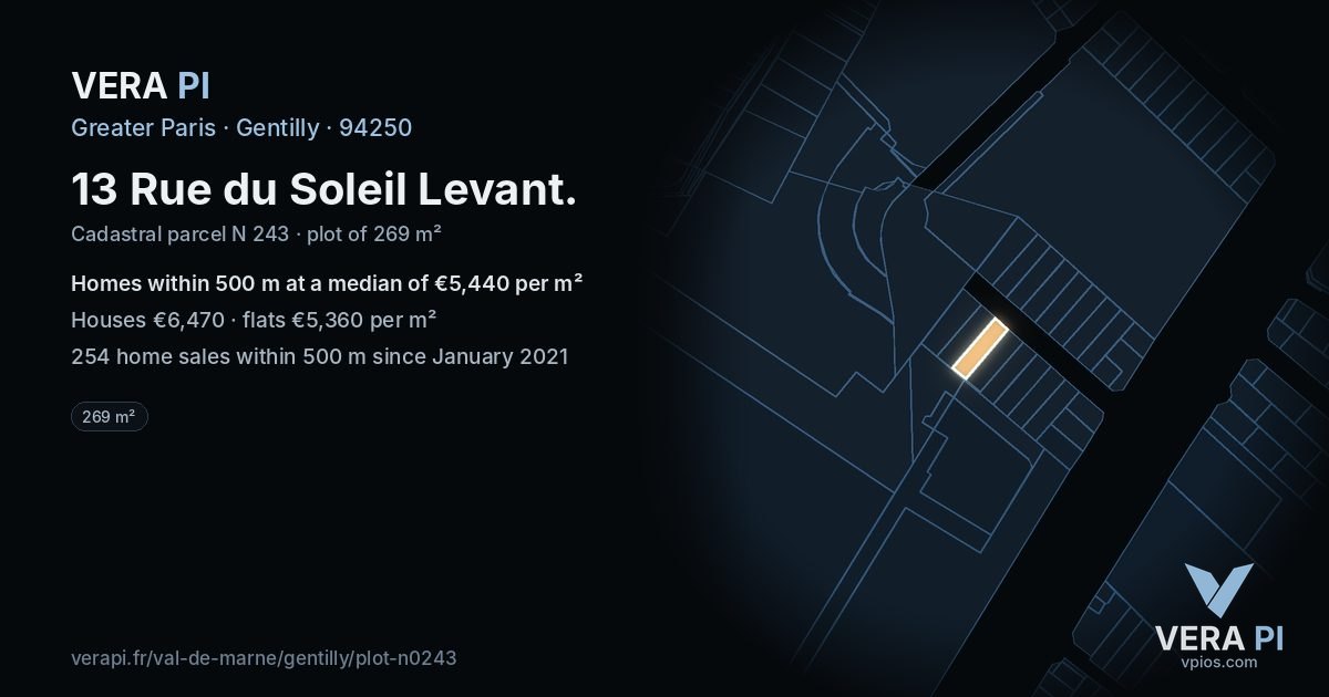 13 Rue du Soleil Levant, Gentilly at night – the plot lit, the parcels around coloured by the prices near them
