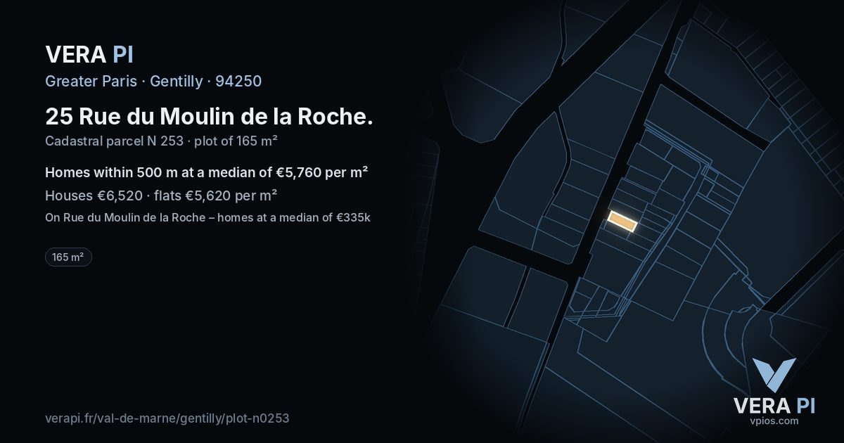 25 Rue du Moulin de la Roche, Gentilly at night – the plot lit, the parcels around coloured by the prices near them
