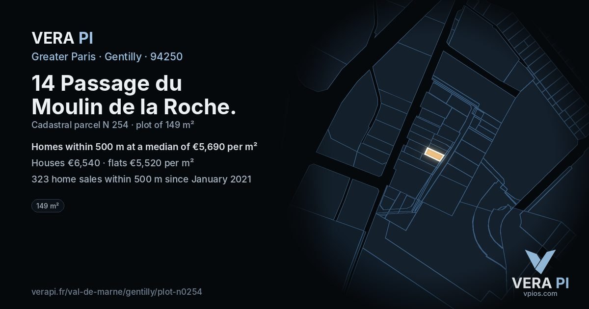 14 Passage du Moulin de la Roche, Gentilly at night – the plot lit, the parcels around coloured by the prices near them