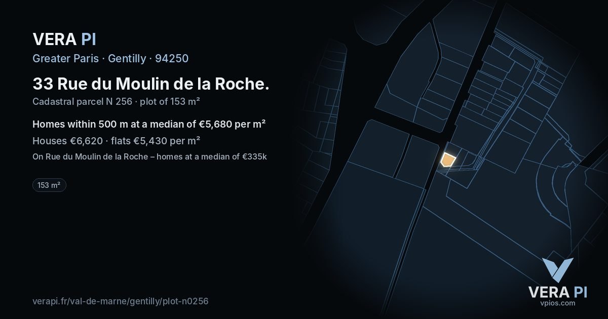 33 Rue du Moulin de la Roche, Gentilly at night – the plot lit, the parcels around coloured by the prices near them