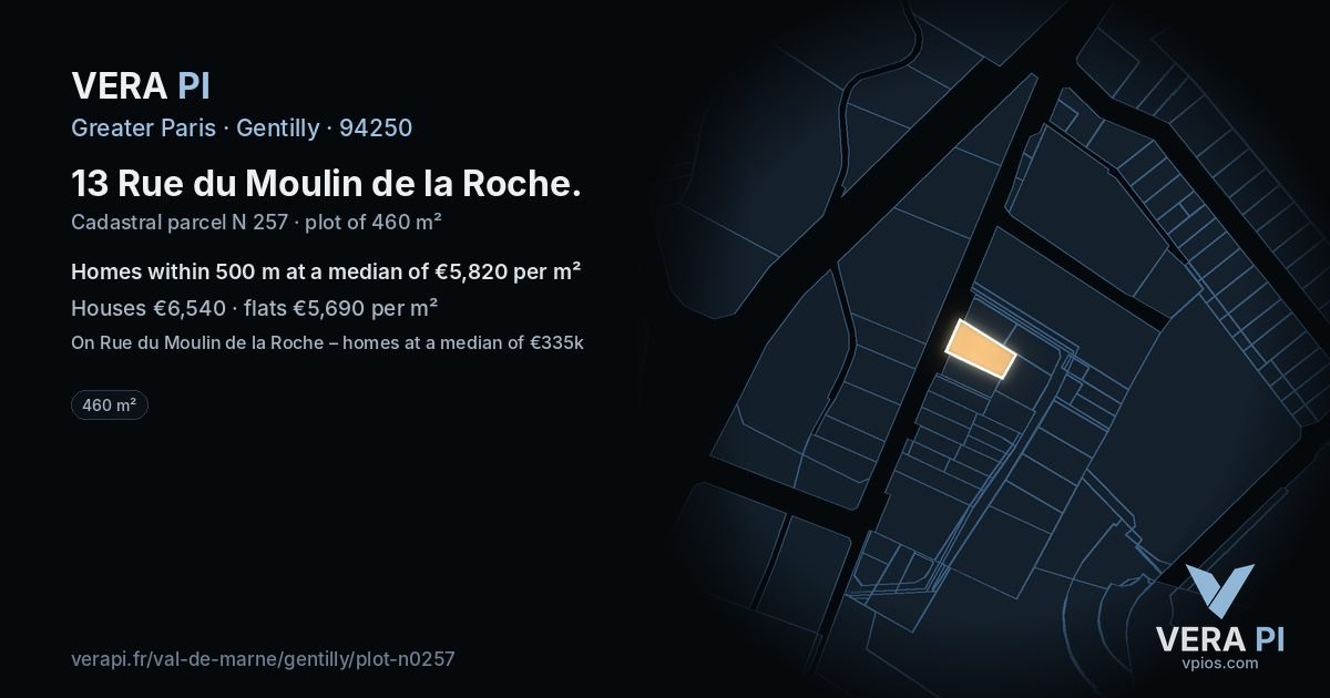 13 Rue du Moulin de la Roche, Gentilly at night – the plot lit, the parcels around coloured by the prices near them