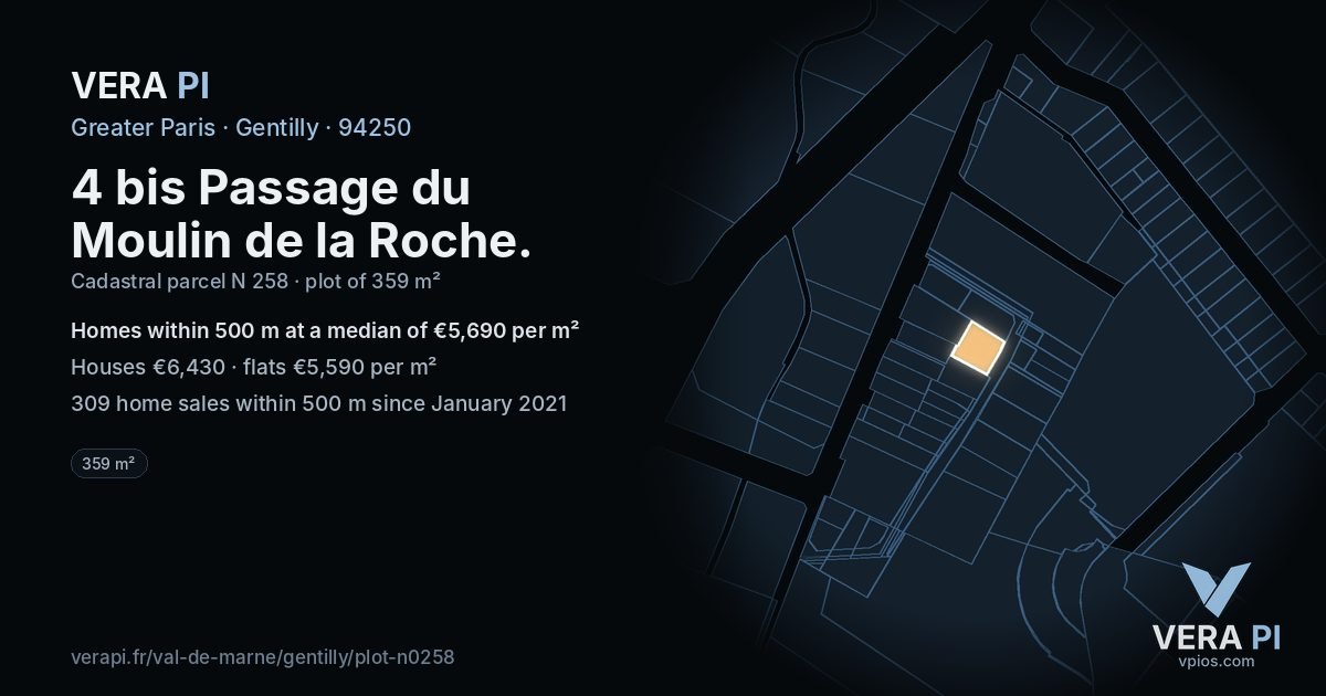 4 bis Passage du Moulin de la Roche, Gentilly at night – the plot lit, the parcels around coloured by the prices near them