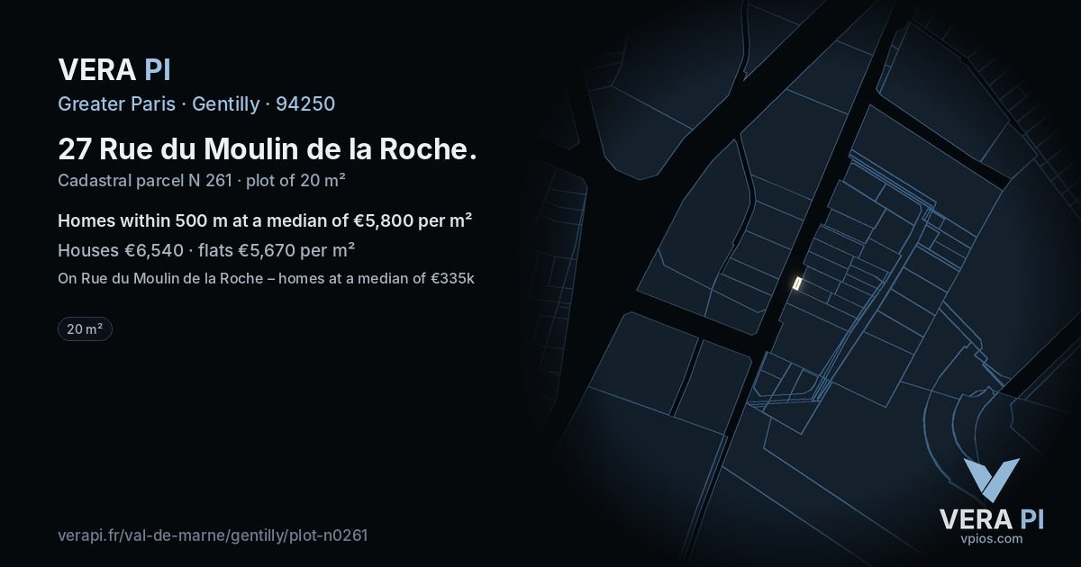 27 Rue du Moulin de la Roche, Gentilly at night – the plot lit, the parcels around coloured by the prices near them