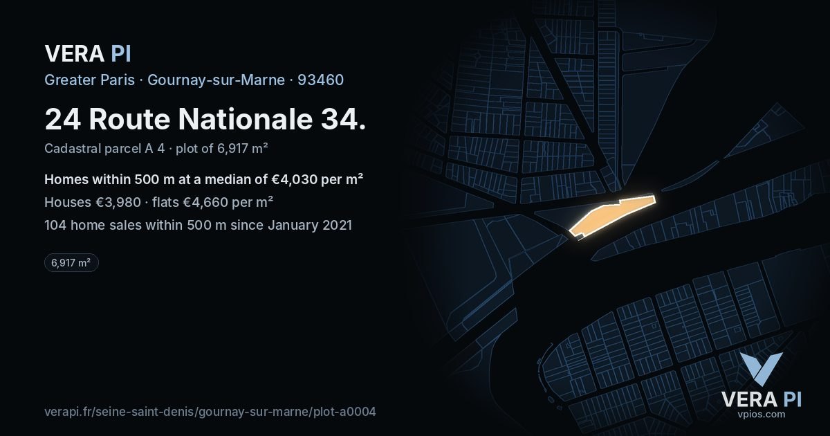 24 Route Nationale 34, Gournay-sur-Marne at night – the plot lit, the parcels around coloured by the prices near them