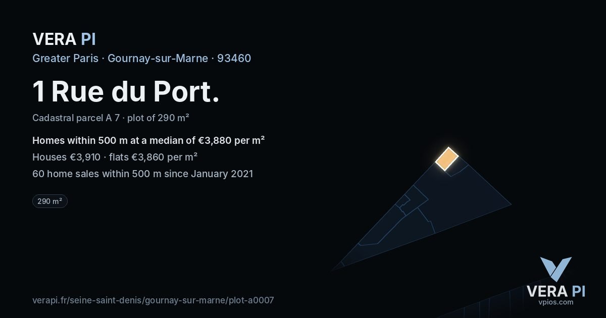 1 Rue du Port, Gournay-sur-Marne at night – the plot lit, the parcels around coloured by the prices near them