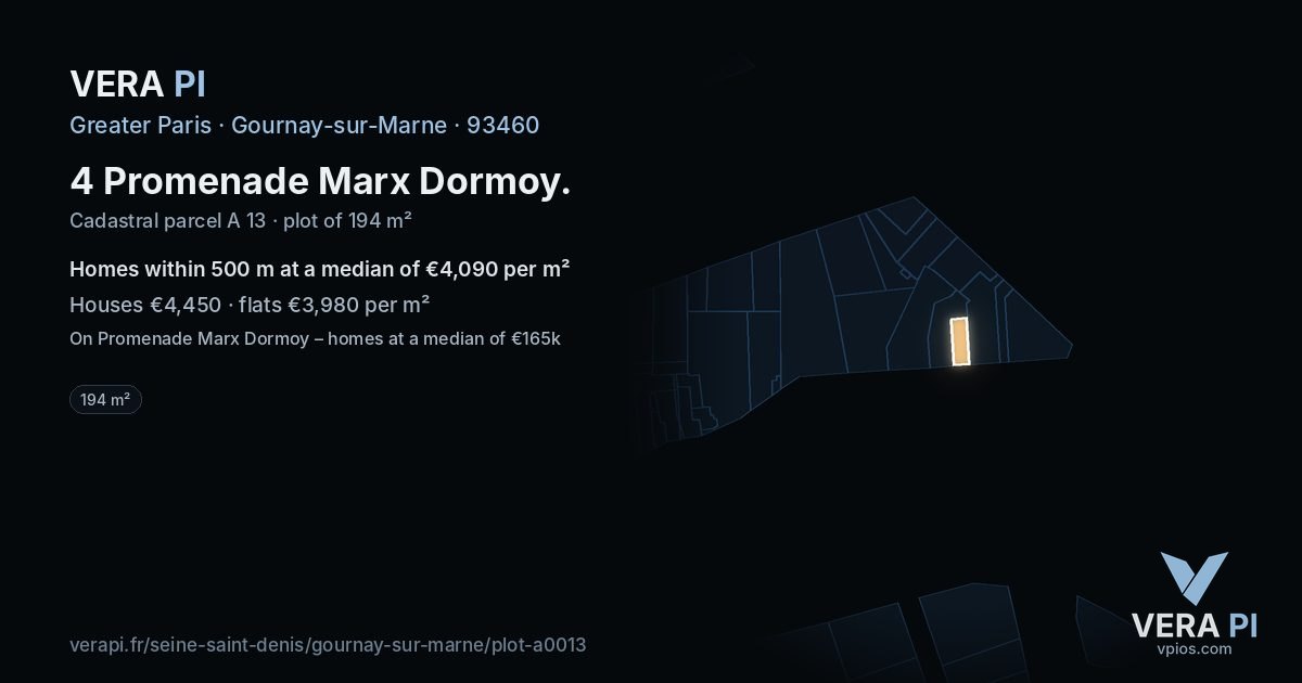 4 Promenade Marx Dormoy, Gournay-sur-Marne at night – the plot lit, the parcels around coloured by the prices near them
