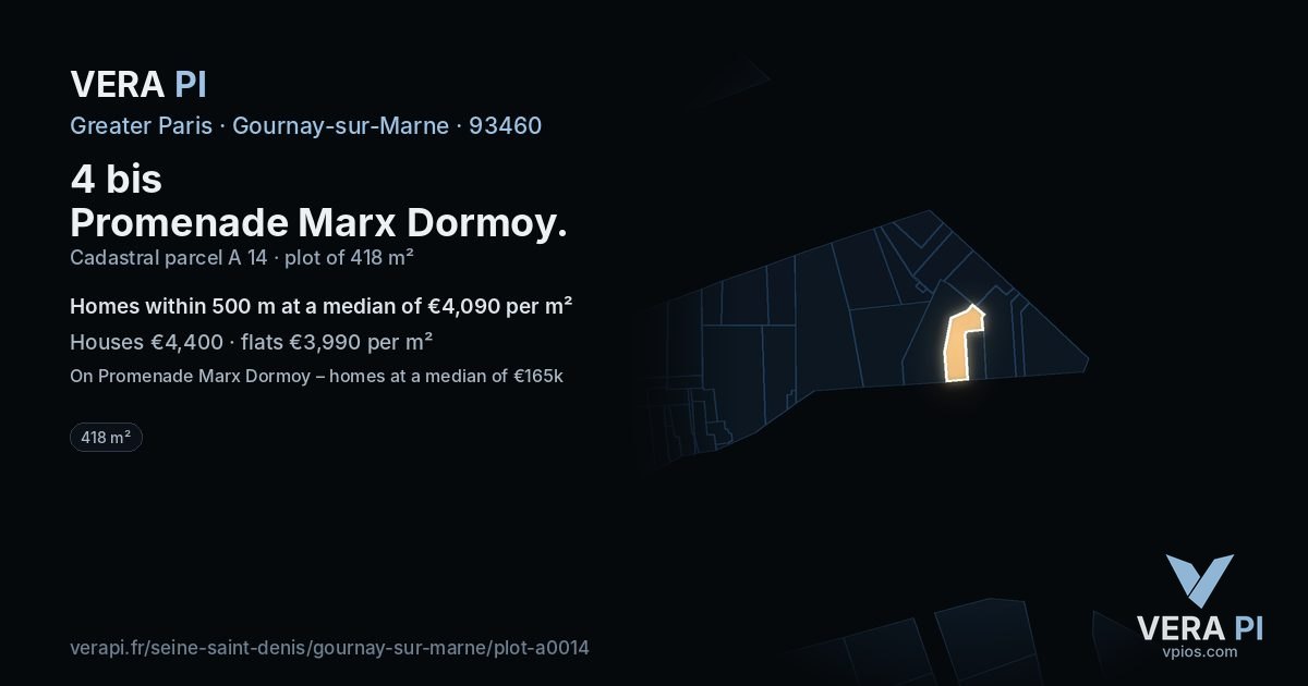 4 bis Promenade Marx Dormoy, Gournay-sur-Marne at night – the plot lit, the parcels around coloured by the prices near them