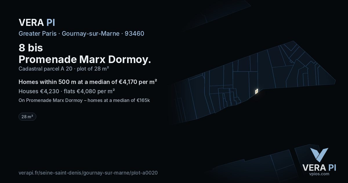 8 bis Promenade Marx Dormoy, Gournay-sur-Marne at night – the plot lit, the parcels around coloured by the prices near them