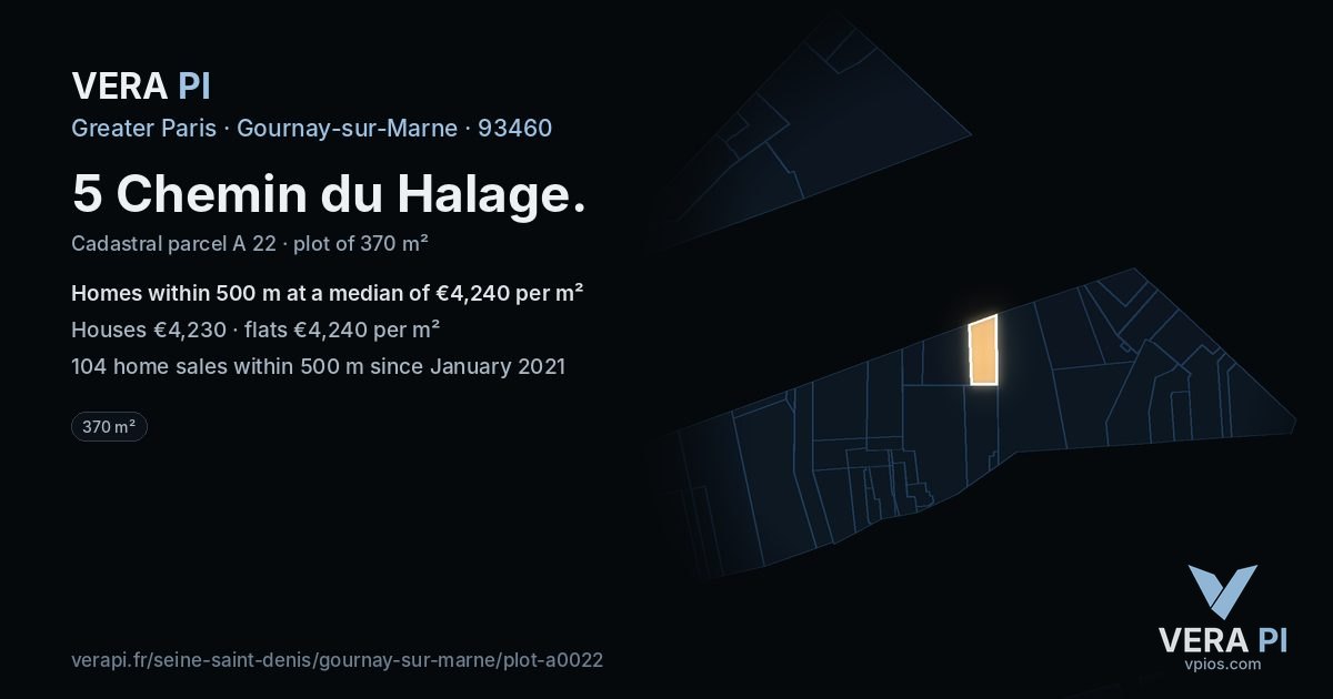 5 Chemin du Halage, Gournay-sur-Marne at night – the plot lit, the parcels around coloured by the prices near them