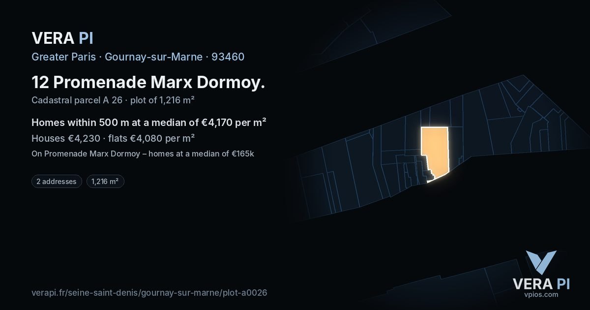 12 Promenade Marx Dormoy, Gournay-sur-Marne at night – the plot lit, the parcels around coloured by the prices near them