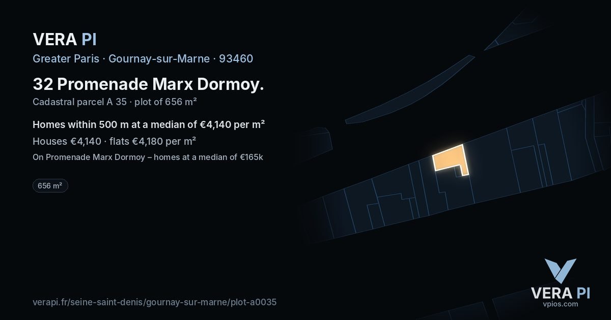 32 Promenade Marx Dormoy, Gournay-sur-Marne at night – the plot lit, the parcels around coloured by the prices near them