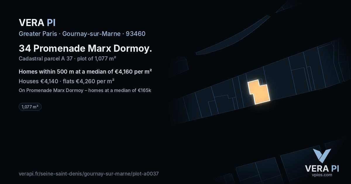 34 Promenade Marx Dormoy, Gournay-sur-Marne at night – the plot lit, the parcels around coloured by the prices near them