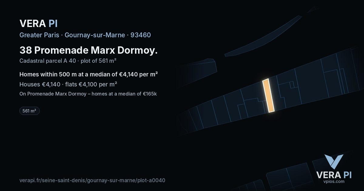 38 Promenade Marx Dormoy, Gournay-sur-Marne at night – the plot lit, the parcels around coloured by the prices near them