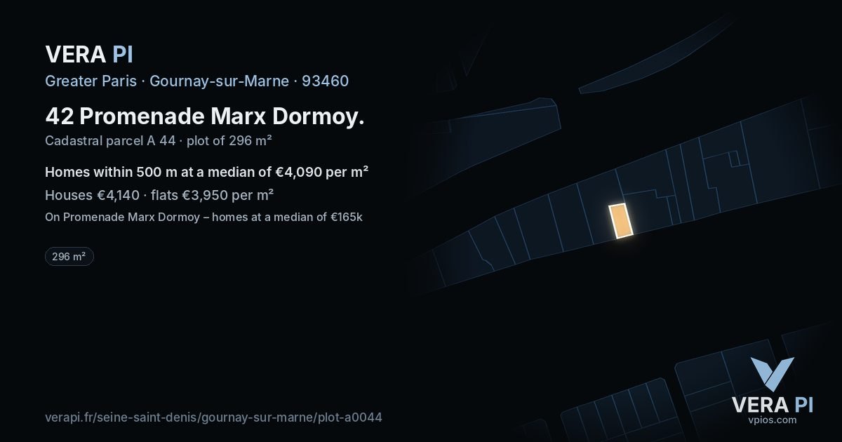 42 Promenade Marx Dormoy, Gournay-sur-Marne at night – the plot lit, the parcels around coloured by the prices near them