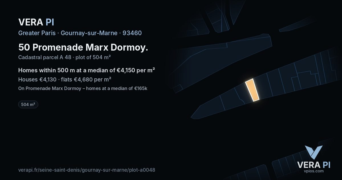50 Promenade Marx Dormoy, Gournay-sur-Marne at night – the plot lit, the parcels around coloured by the prices near them