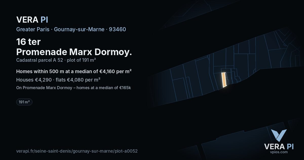 16 ter Promenade Marx Dormoy, Gournay-sur-Marne at night – the plot lit, the parcels around coloured by the prices near them