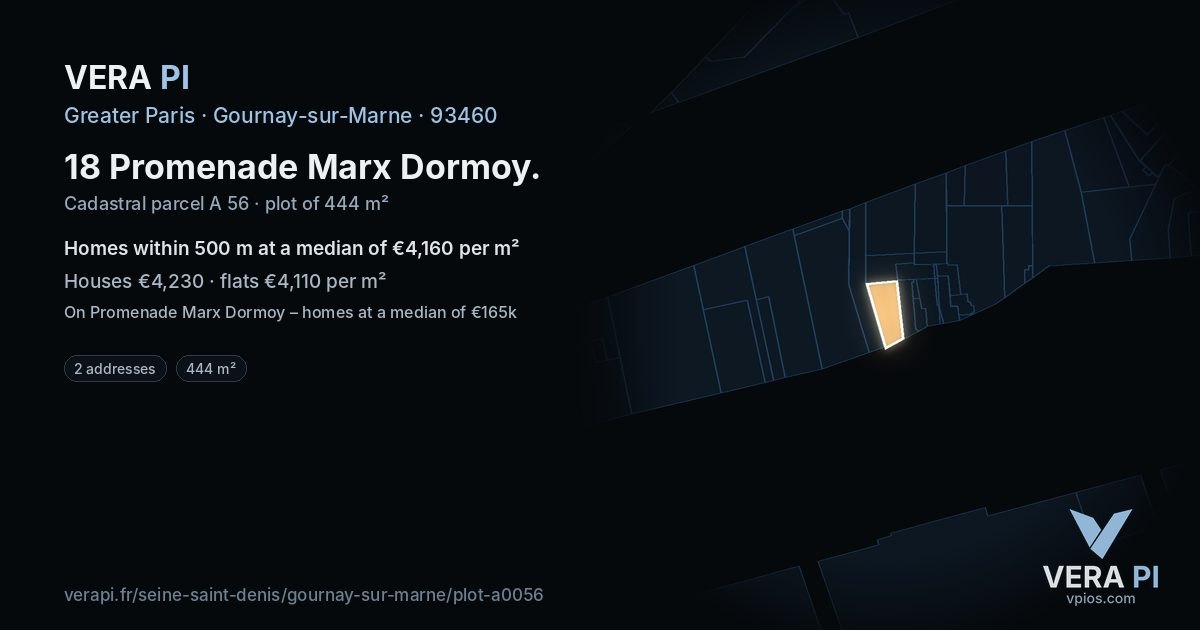 18 Promenade Marx Dormoy, Gournay-sur-Marne at night – the plot lit, the parcels around coloured by the prices near them