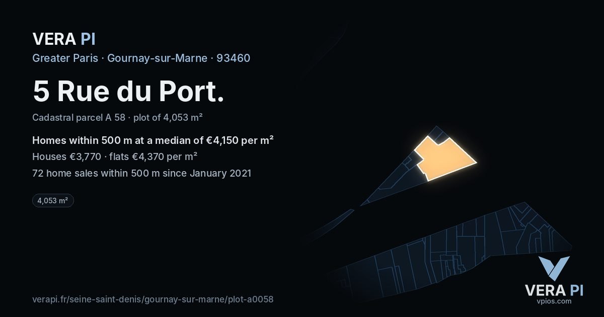 5 Rue du Port, Gournay-sur-Marne at night – the plot lit, the parcels around coloured by the prices near them