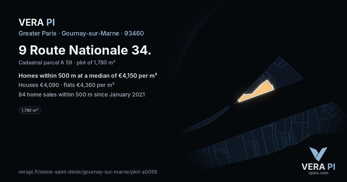 9 Route Nationale 34, Gournay-sur-Marne at night – the plot lit, the parcels around coloured by the prices near them