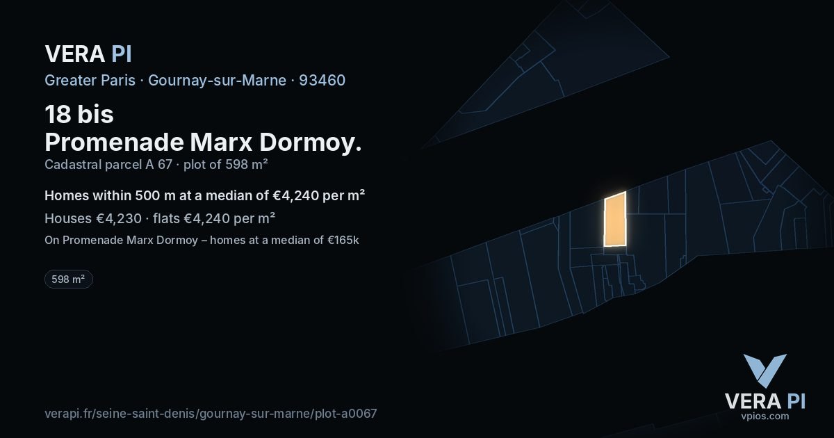 18 bis Promenade Marx Dormoy, Gournay-sur-Marne at night – the plot lit, the parcels around coloured by the prices near them