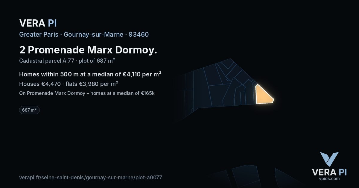 2 Promenade Marx Dormoy, Gournay-sur-Marne at night – the plot lit, the parcels around coloured by the prices near them