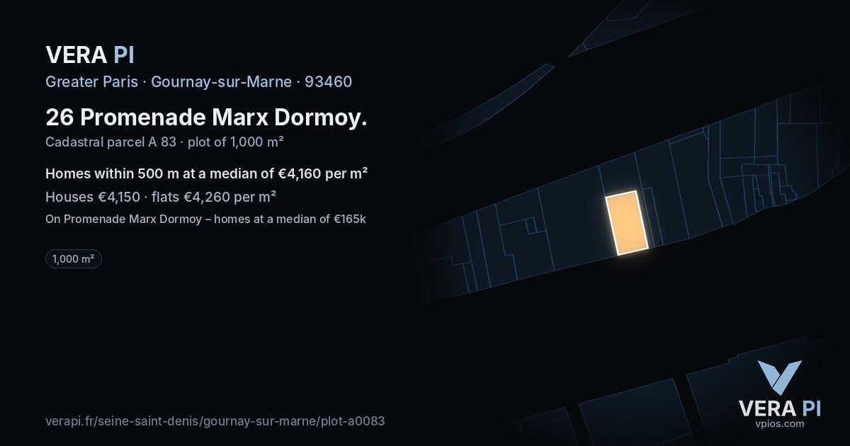 26 Promenade Marx Dormoy, Gournay-sur-Marne at night – the plot lit, the parcels around coloured by the prices near them