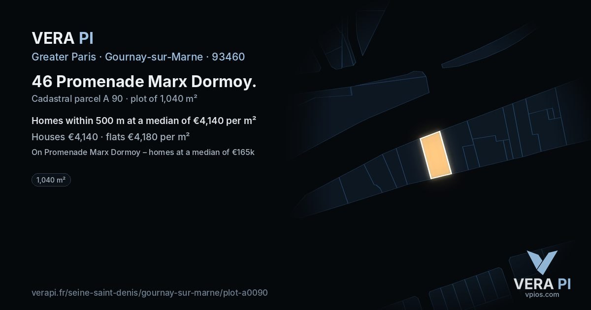 46 Promenade Marx Dormoy, Gournay-sur-Marne at night – the plot lit, the parcels around coloured by the prices near them