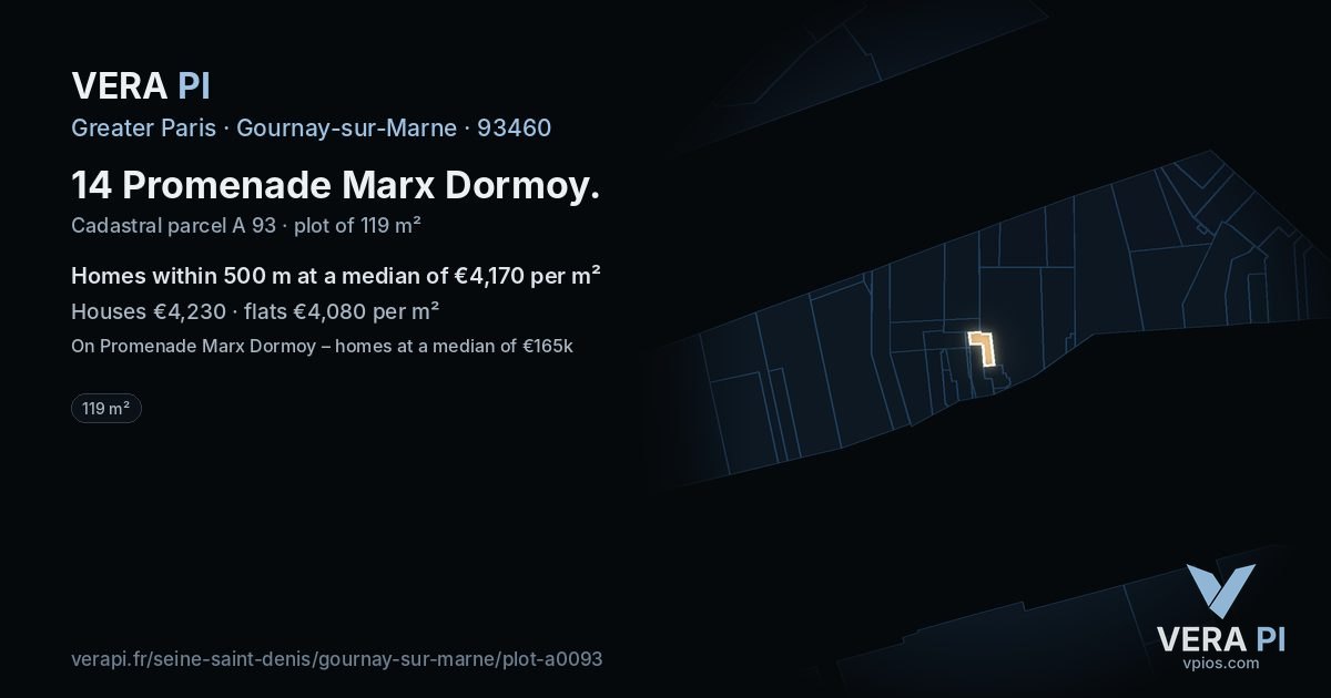 14 Promenade Marx Dormoy, Gournay-sur-Marne at night – the plot lit, the parcels around coloured by the prices near them