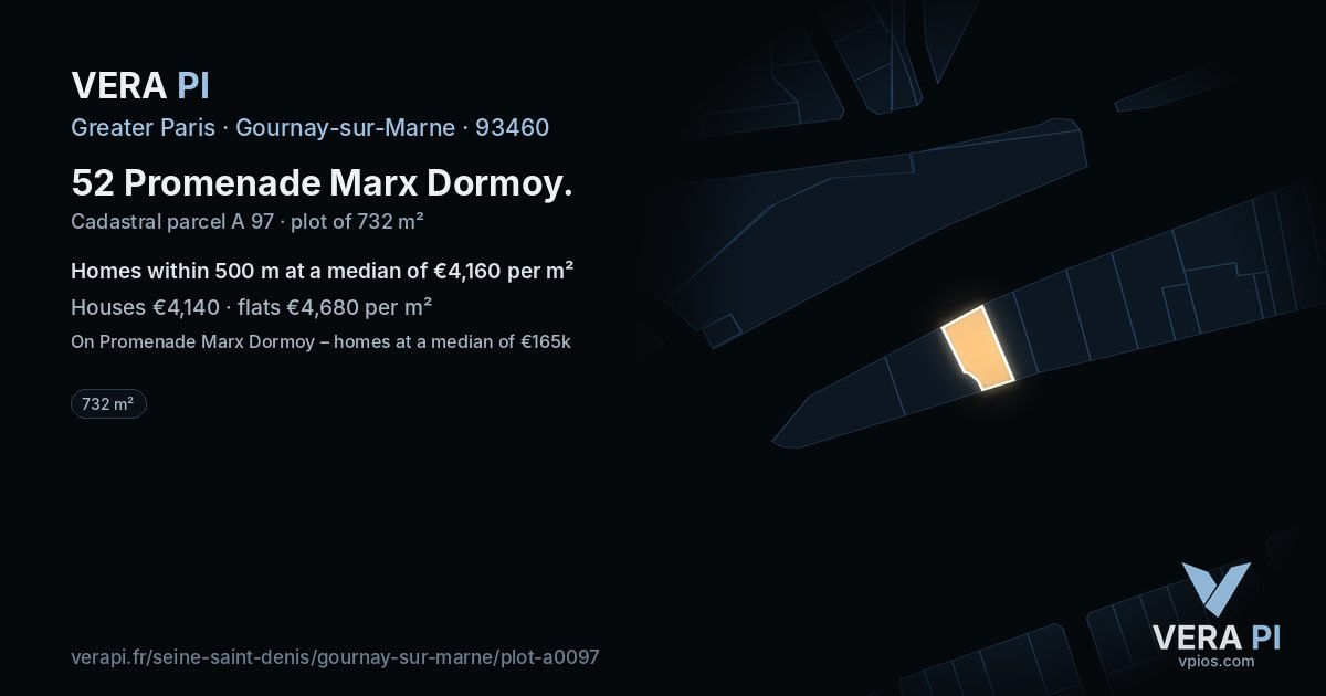 52 Promenade Marx Dormoy, Gournay-sur-Marne at night – the plot lit, the parcels around coloured by the prices near them