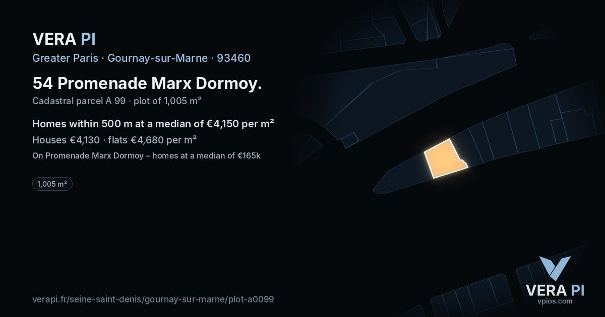 54 Promenade Marx Dormoy, Gournay-sur-Marne at night – the plot lit, the parcels around coloured by the prices near them