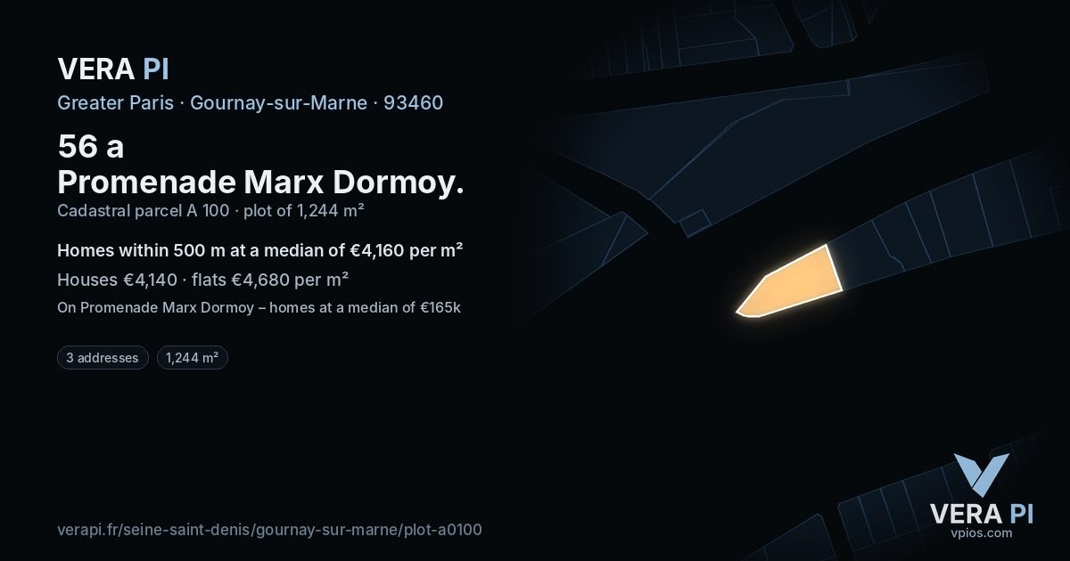 56 a Promenade Marx Dormoy, Gournay-sur-Marne at night – the plot lit, the parcels around coloured by the prices near them