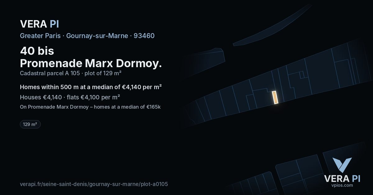 40 bis Promenade Marx Dormoy, Gournay-sur-Marne at night – the plot lit, the parcels around coloured by the prices near them