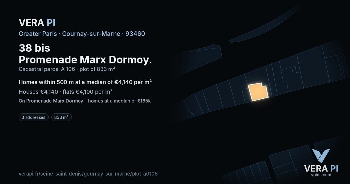 38 bis Promenade Marx Dormoy, Gournay-sur-Marne at night – the plot lit, the parcels around coloured by the prices near them