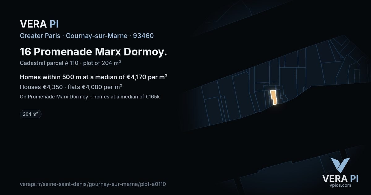 16 Promenade Marx Dormoy, Gournay-sur-Marne at night – the plot lit, the parcels around coloured by the prices near them