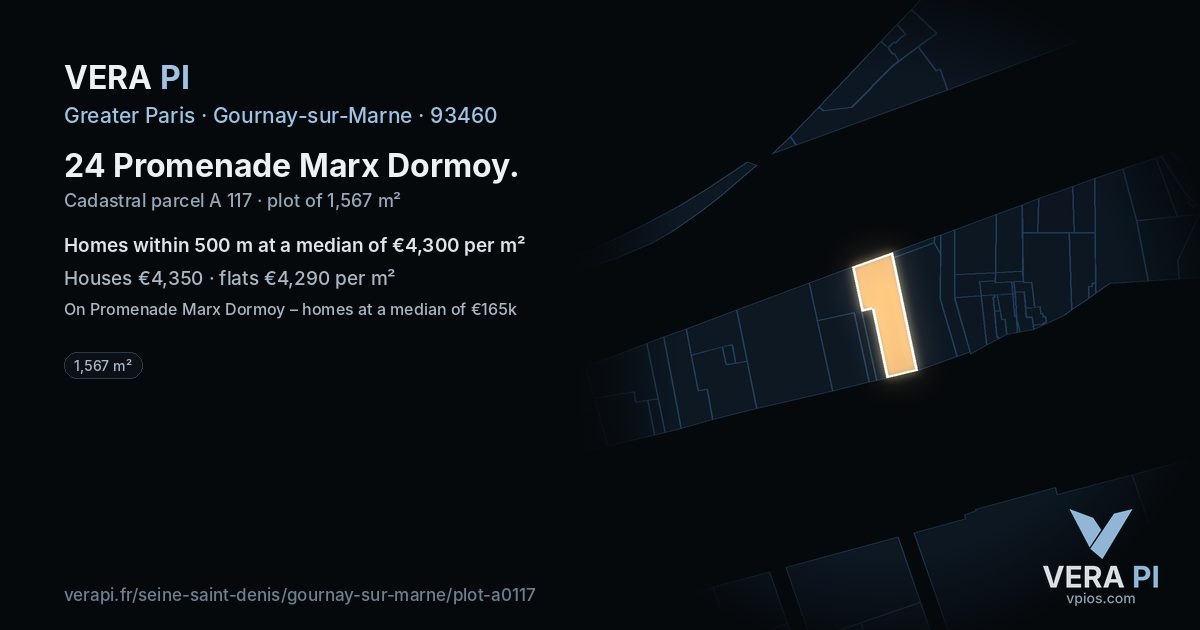 24 Promenade Marx Dormoy, Gournay-sur-Marne at night – the plot lit, the parcels around coloured by the prices near them