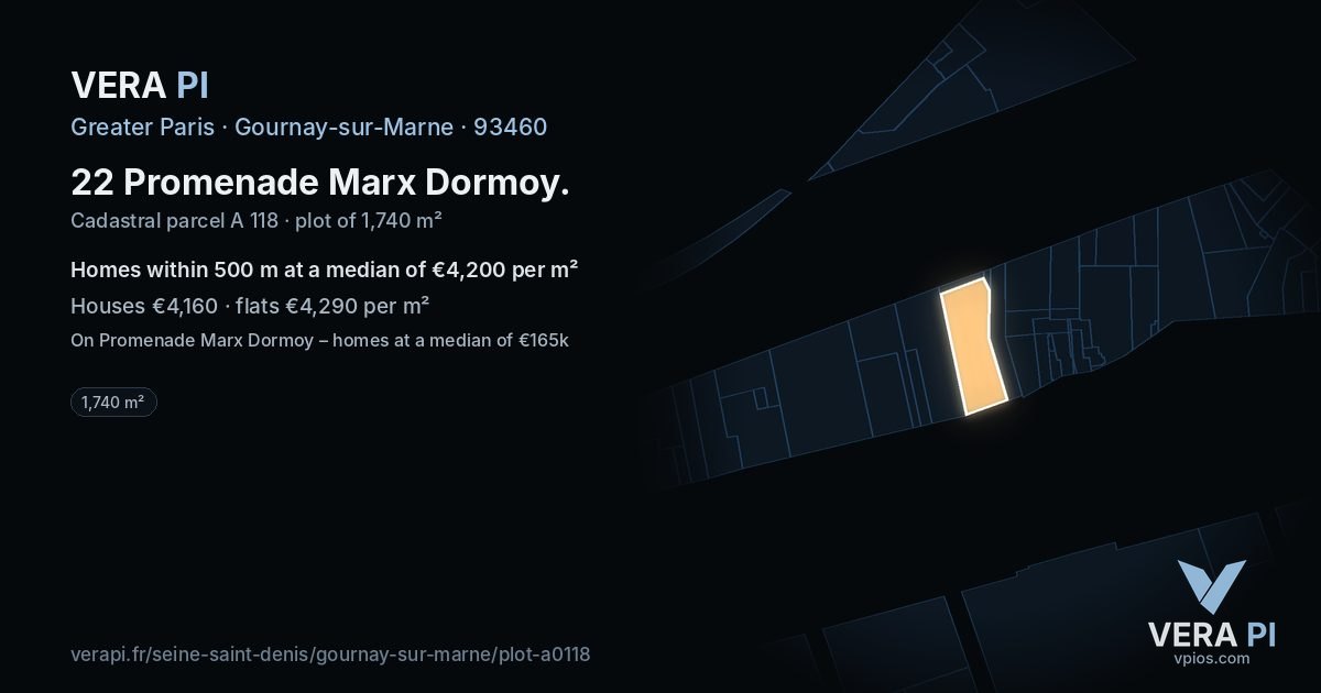 22 Promenade Marx Dormoy, Gournay-sur-Marne at night – the plot lit, the parcels around coloured by the prices near them