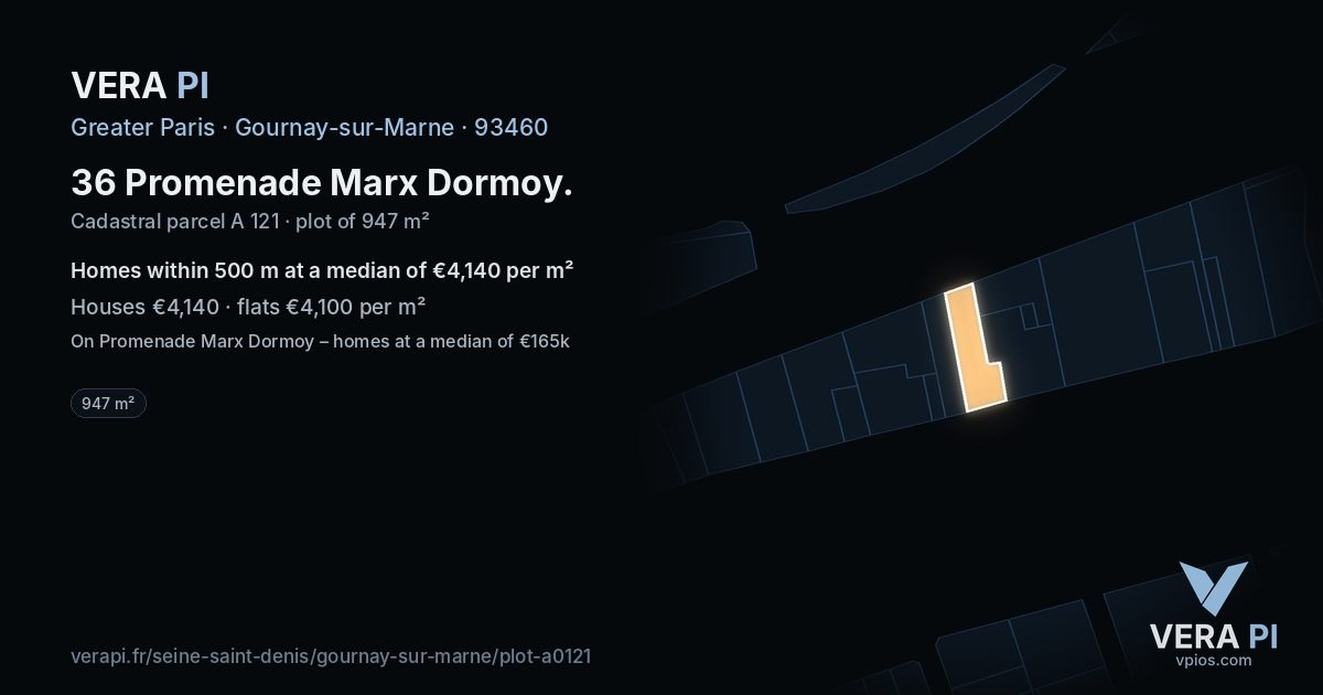 36 Promenade Marx Dormoy, Gournay-sur-Marne at night – the plot lit, the parcels around coloured by the prices near them
