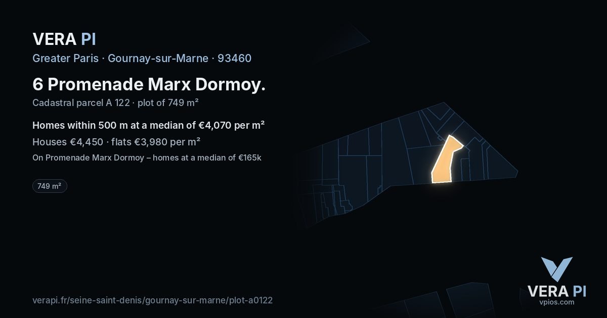 6 Promenade Marx Dormoy, Gournay-sur-Marne at night – the plot lit, the parcels around coloured by the prices near them