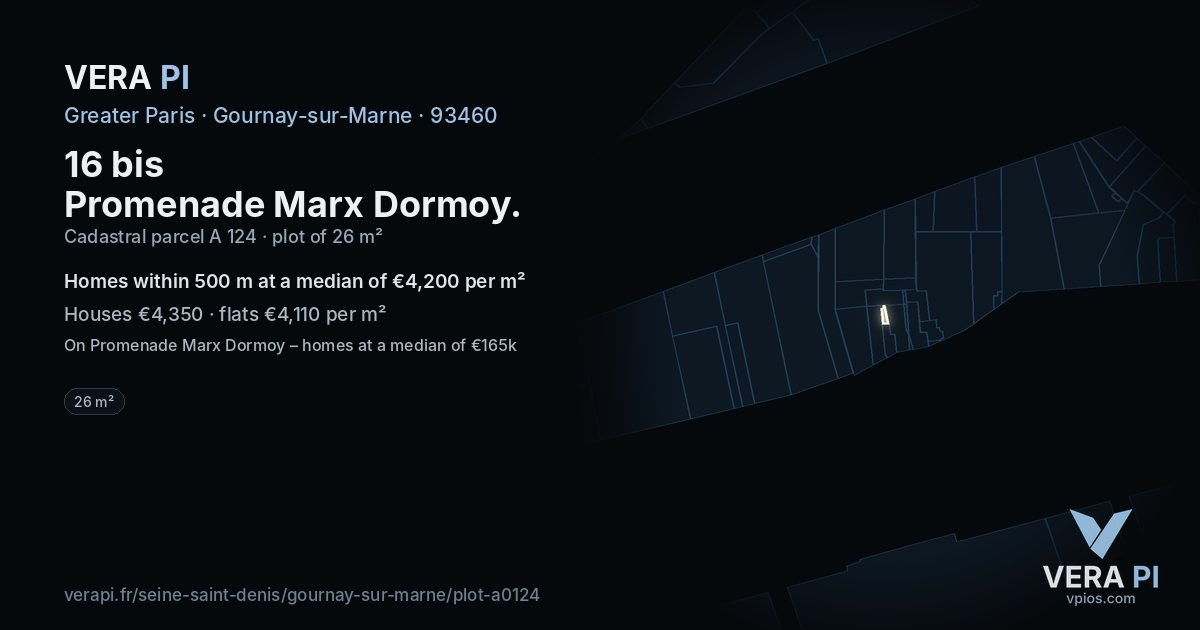 16 bis Promenade Marx Dormoy, Gournay-sur-Marne at night – the plot lit, the parcels around coloured by the prices near them