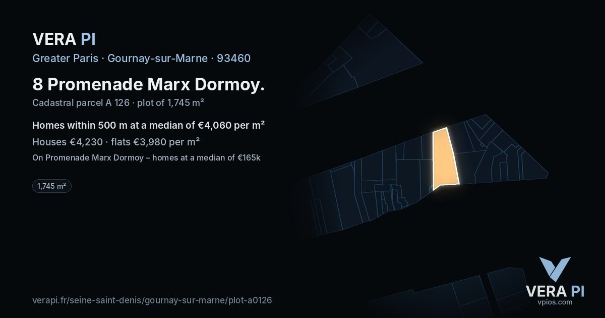 8 Promenade Marx Dormoy, Gournay-sur-Marne at night – the plot lit, the parcels around coloured by the prices near them