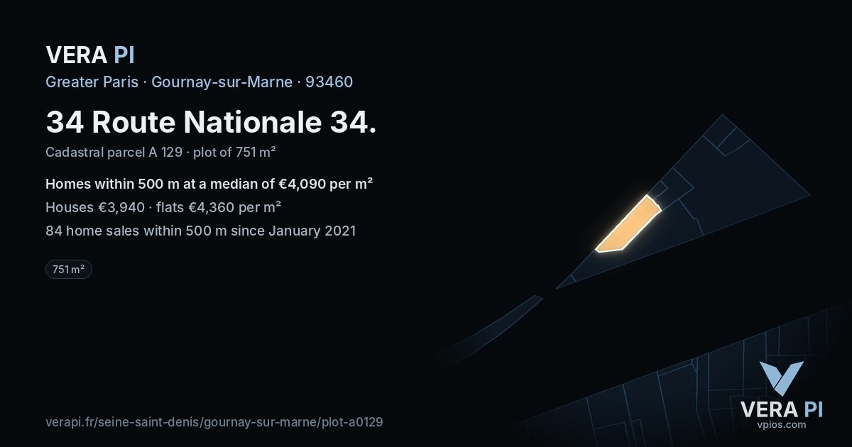 34 Route Nationale 34, Gournay-sur-Marne at night – the plot lit, the parcels around coloured by the prices near them