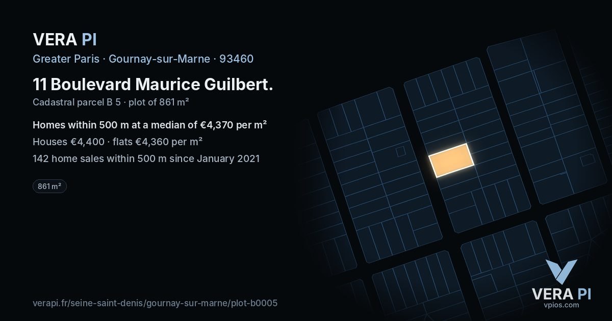11 Boulevard Maurice Guilbert, Gournay-sur-Marne at night – the plot lit, the parcels around coloured by the prices near them