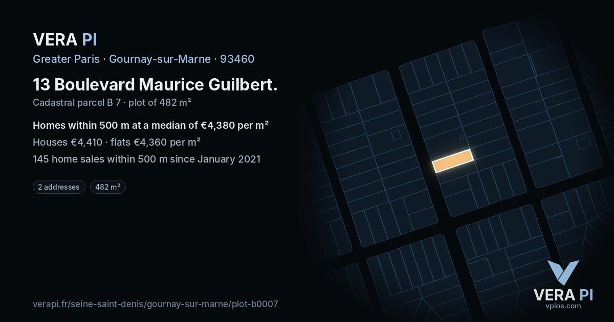 13 Boulevard Maurice Guilbert, Gournay-sur-Marne at night – the plot lit, the parcels around coloured by the prices near them
