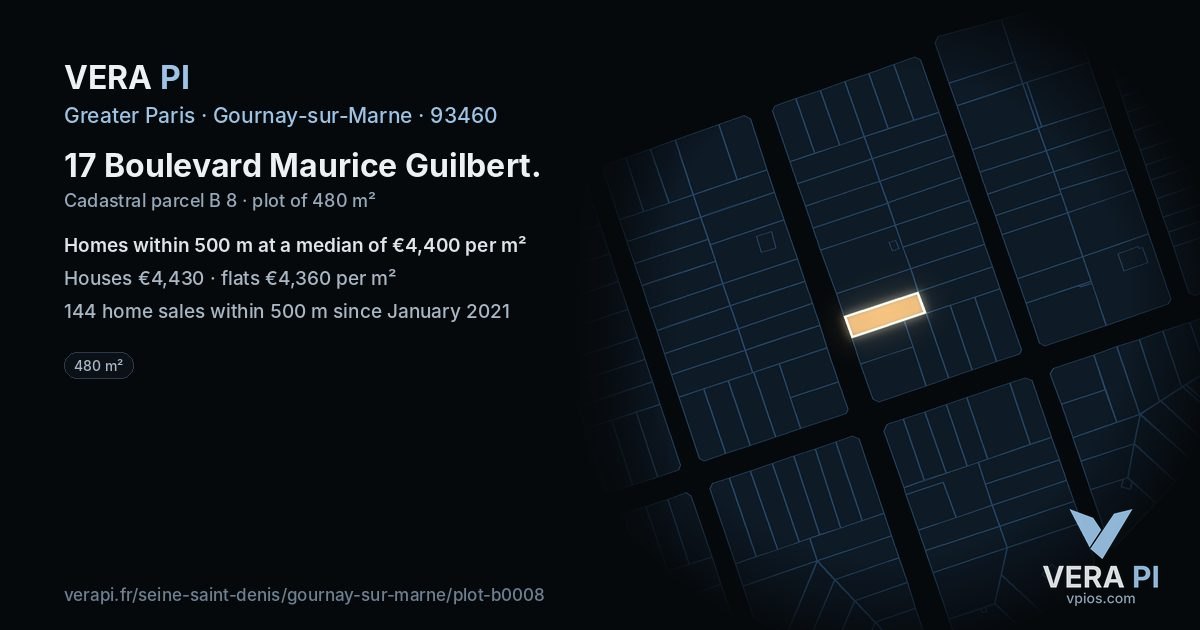 17 Boulevard Maurice Guilbert, Gournay-sur-Marne at night – the plot lit, the parcels around coloured by the prices near them