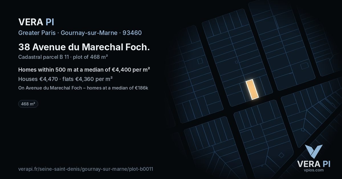 38 Avenue du Marechal Foch, Gournay-sur-Marne at night – the plot lit, the parcels around coloured by the prices near them