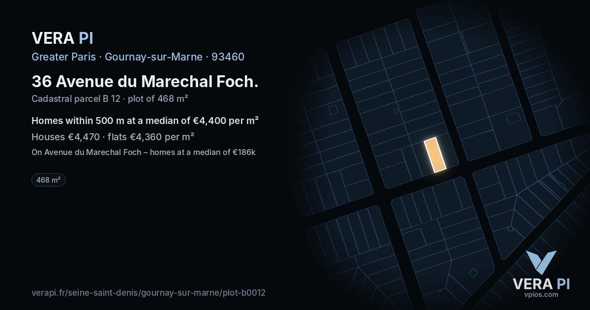 36 Avenue du Marechal Foch, Gournay-sur-Marne at night – the plot lit, the parcels around coloured by the prices near them