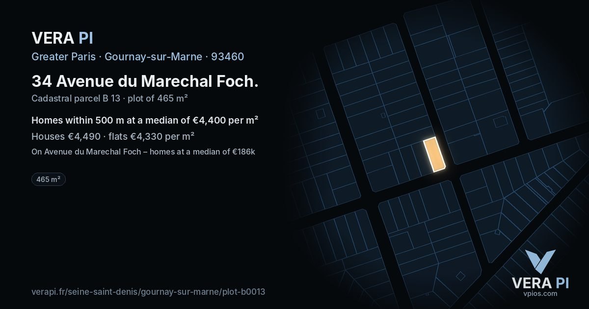 34 Avenue du Marechal Foch, Gournay-sur-Marne at night – the plot lit, the parcels around coloured by the prices near them