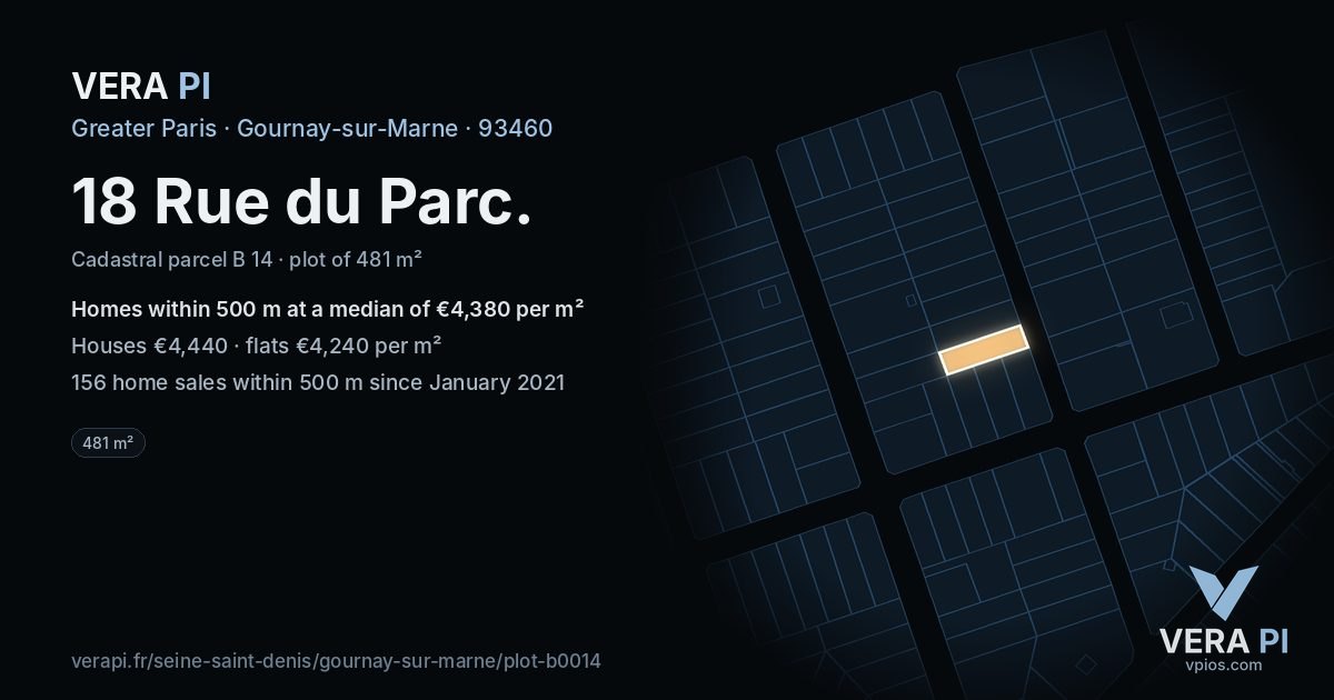 18 Rue du Parc, Gournay-sur-Marne at night – the plot lit, the parcels around coloured by the prices near them